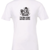 white t-shirt saying i'm only scary before coffee featuring a mad chicken