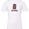 white t-shirt with a battery icon with a mad face saying low battery high attitude