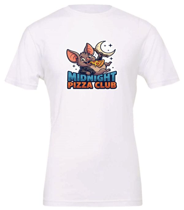 white t-shirt with a happy mouse eating a slice of pizza in the night saying midnight pizza club.