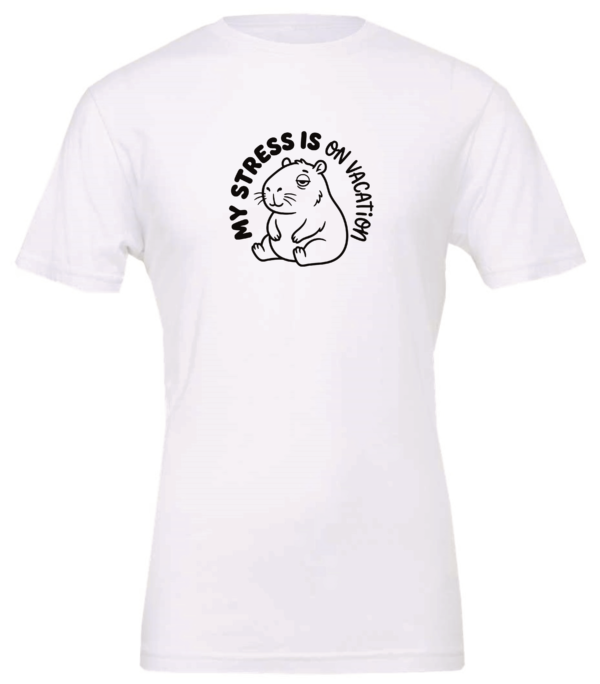 white t-shirt featuring a capybara saying my stress is on vacation