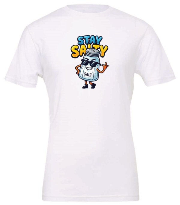 white t-shirt featuring a restaurant salt shaker with sunglasses and shoes saying stay salty