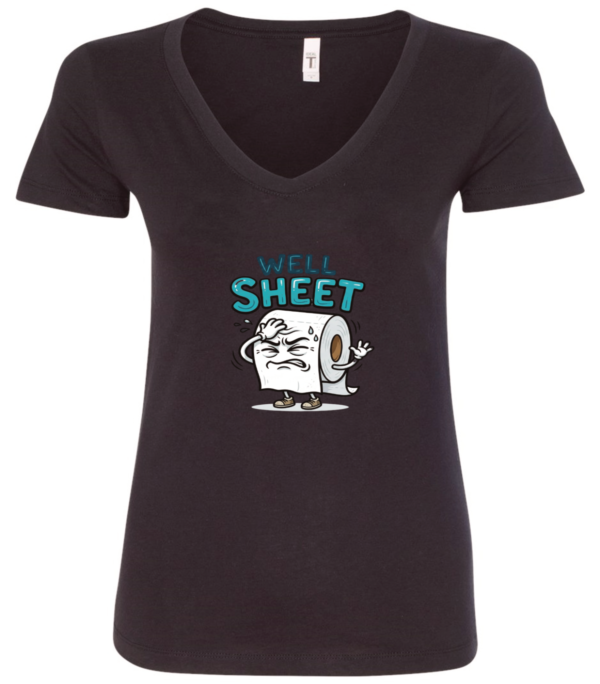 black v-neck t-shirt featuring an anguish toilet paper saying well sheet
