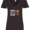 black alcohol v-neck t-shirt saying vodka is vegan featuring a disheveled skinny woman with red hair and green bottle in hand