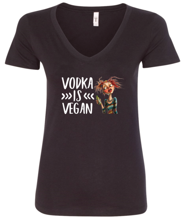 black alcohol v-neck t-shirt saying vodka is vegan featuring a disheveled skinny woman with red hair and green bottle in hand