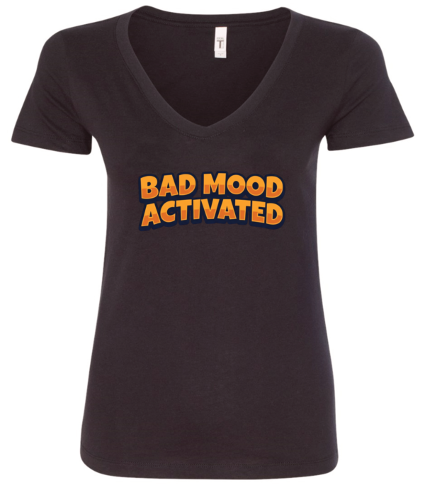 black v-neck t-shirt saying bad mood activated