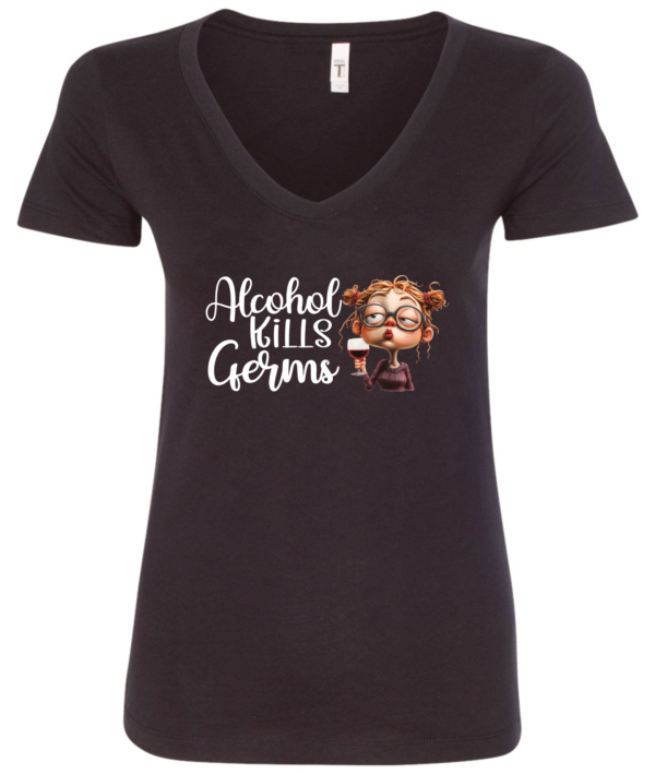 black alcohol v-neck t-shirt saying alcohol kills germs featuring a woman with glasses orange hair and a glass of wine in hand