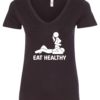 black v-neck t-shirt saying eat healthy featuring a man doing oral sex to a woman