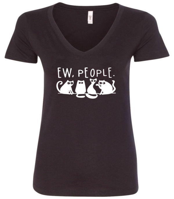 black v-neck t-shirt saying ew people featuring 4 black cats figures