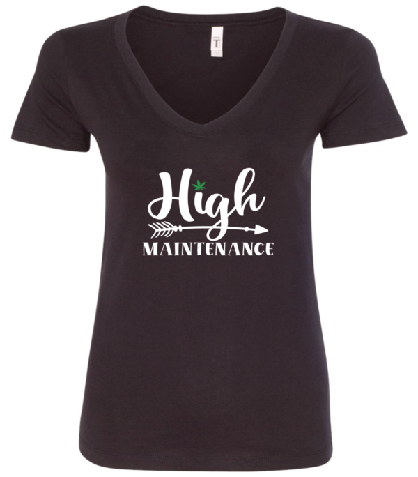black v-neck t-shirt saying high maintenance with one 1 green marijuana leaf
