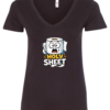 black v-neck t-shirt saying holy sheet with a toilet paper with a surprised face eyes and mouth open