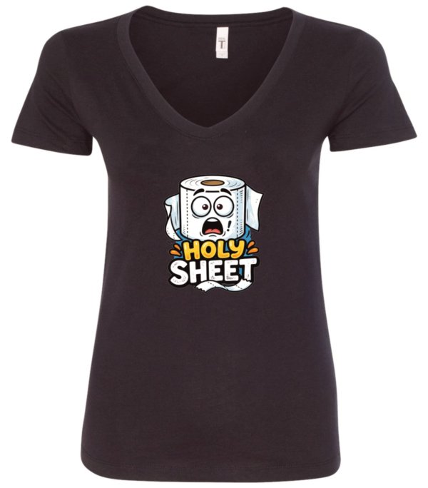 black v-neck t-shirt saying holy sheet with a toilet paper with a surprised face eyes and mouth open