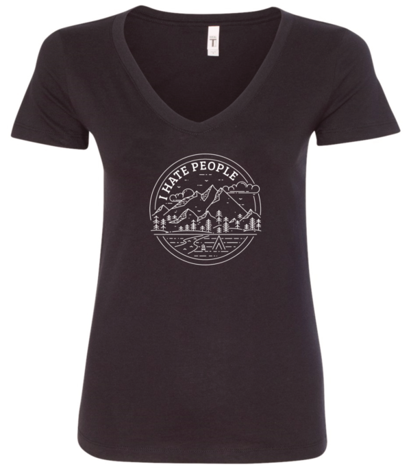 black v-neck t-shirt saying i hate people in a mountain road