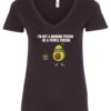black v-neck t-shirt saying i'm not a morning person or a people person featuring a mad avocado holding a cup of coffee, that says fueled by sarcasm and exhaustion