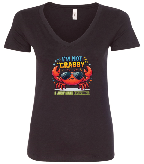 black v-neck t-shirt saying i'm not crabby i just hate everyone featuring a red crab with sunglasses