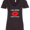 black v-neck t-shirt with a huge red lips mouth saying i like lipstick around my dipstick