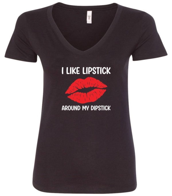 black v-neck t-shirt with a huge red lips mouth saying i like lipstick around my dipstick