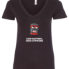 black v-neck t-shirt with a battery icon with a mad face saying low battery high attitude