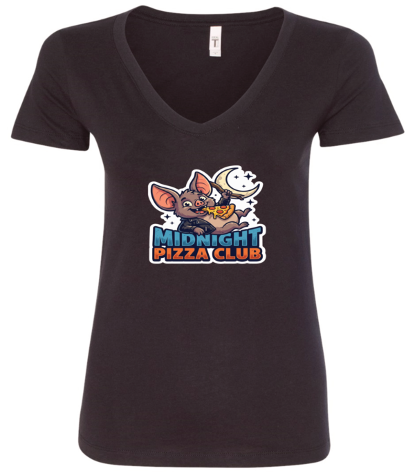 black v-neck t-shirt with a happy mouse eating a slice of pizza in the night saying midnight pizza club.