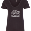 black v-neck t-shirt with a chameleon on a tree branch saying my attention changes colors