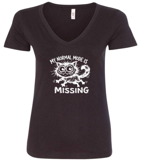 black v-neck t-shirt saying my normal mode is missing featuring a crazy cat