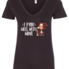 black alcohol v-neck t-shirt saying I pair well with wine featuring a woman with red hair drinking a glass of wine with eyes closed