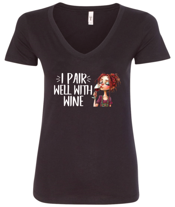 black alcohol v-neck t-shirt saying I pair well with wine featuring a woman with red hair drinking a glass of wine with eyes closed