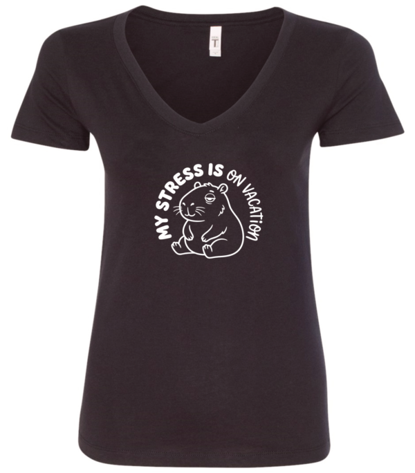 black v-neck t-shirt featuring a capybara saying my stress is on vacation