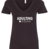 black v-neck t-shirt featuring a one star review to adulting