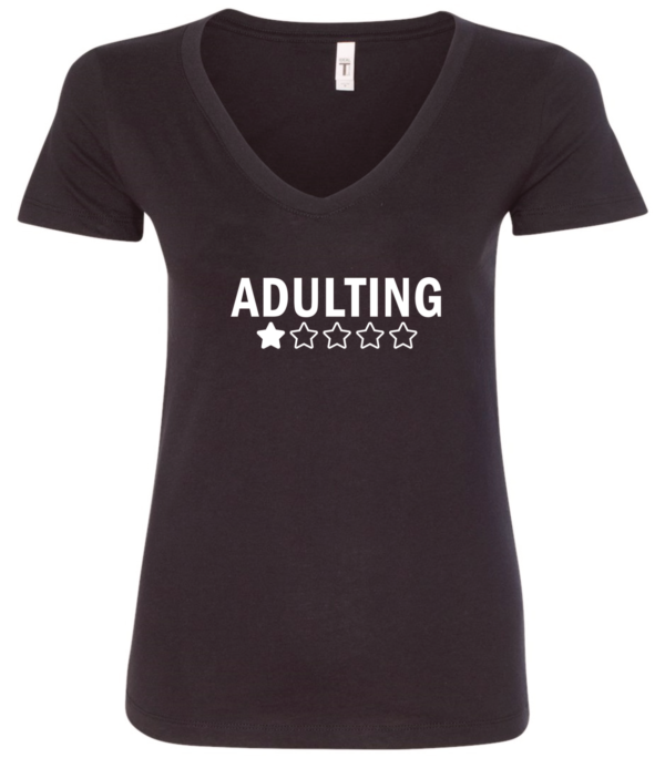 black v-neck t-shirt featuring a one star review to adulting