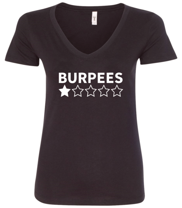 black v-neck t-shirt featuring a one star review to burpees