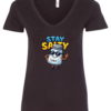 black v-neck t-shirt featuring a restaurant salt shaker with sunglasses and shoes saying stay salty