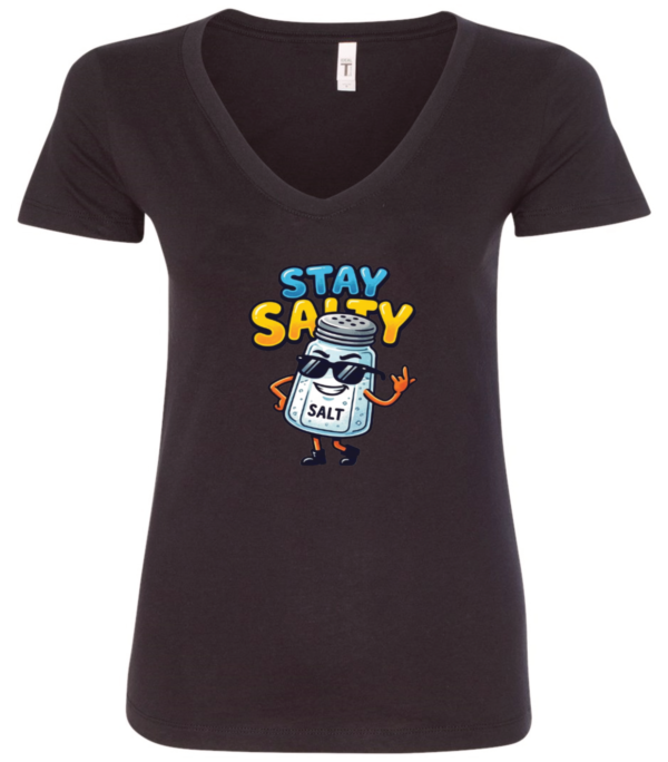 black v-neck t-shirt featuring a restaurant salt shaker with sunglasses and shoes saying stay salty