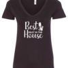 black v-neck t-shirt featuring a toilet saying best seat in the house