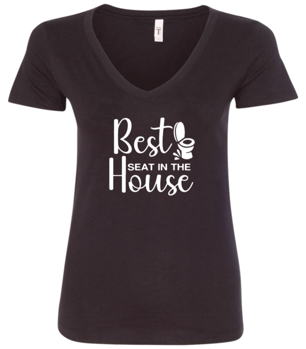 black v-neck t-shirt featuring a toilet saying best seat in the house
