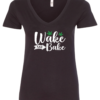 black v-neck t-shirt saying wake and bake with two 2 green marijuana leaves