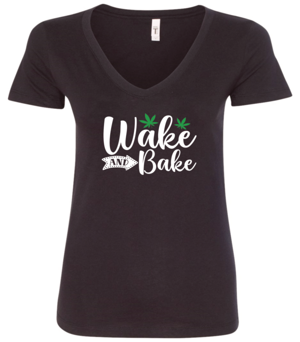 black v-neck t-shirt saying wake and bake with two 2 green marijuana leaves