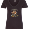 black v-neck t-shirt featuring a raccoon eating pizza in a trash can saying weekend status