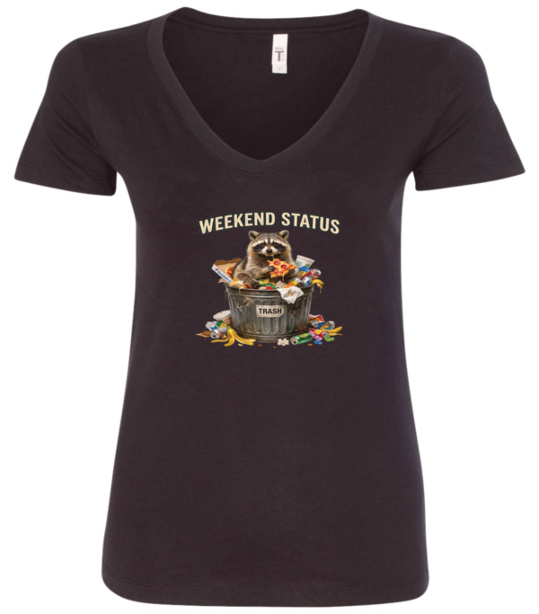 black v-neck t-shirt featuring a raccoon eating pizza in a trash can saying weekend status