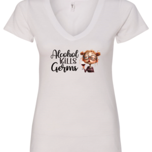 white alcohol v-neck t-shirt saying alcohol kills germs featuring a woman with glasses orange hair and a glass of wine in hand