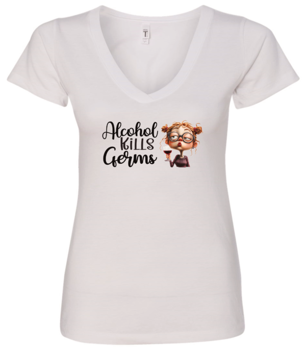 white alcohol v-neck t-shirt saying alcohol kills germs featuring a woman with glasses orange hair and a glass of wine in hand
