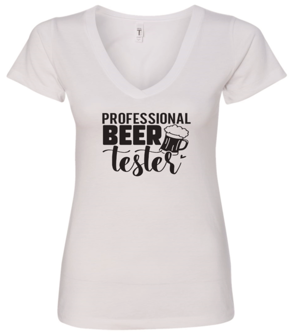 white alcohol v-neck t-shirt saying professional beer tester
