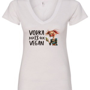 white alcohol v-neck t-shirt saying vodka is vegan featuring a disheveled skinny woman with red hair and green bottle in hand