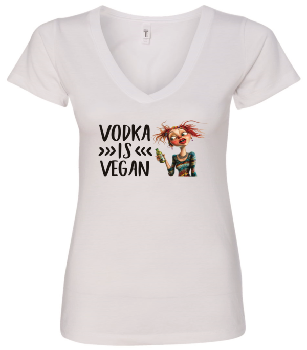 white alcohol v-neck t-shirt saying vodka is vegan featuring a disheveled skinny woman with red hair and green bottle in hand