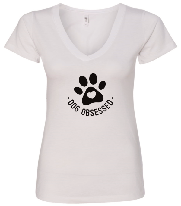 white dog lover v-neck t-shirt saying dog obsessed