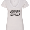 white v-neck t-shirt saying escuchamos juzgamos y nos burlamos