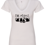 white v-neck t-shirt saying ew people featuring 4 black cats figures