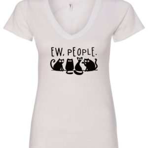 white v-neck t-shirt saying ew people featuring 4 black cats figures