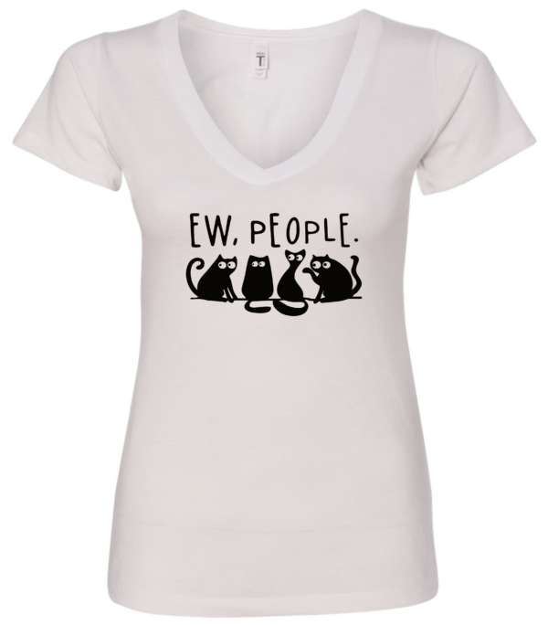 white v-neck t-shirt saying ew people featuring 4 black cats figures