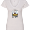white v-neck t-shirt saying holy sheet with a toilet paper with a surprised face eyes and mouth open
