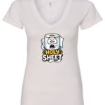white v-neck t-shirt saying holy sheet with a toilet paper with a surprised face eyes and mouth open